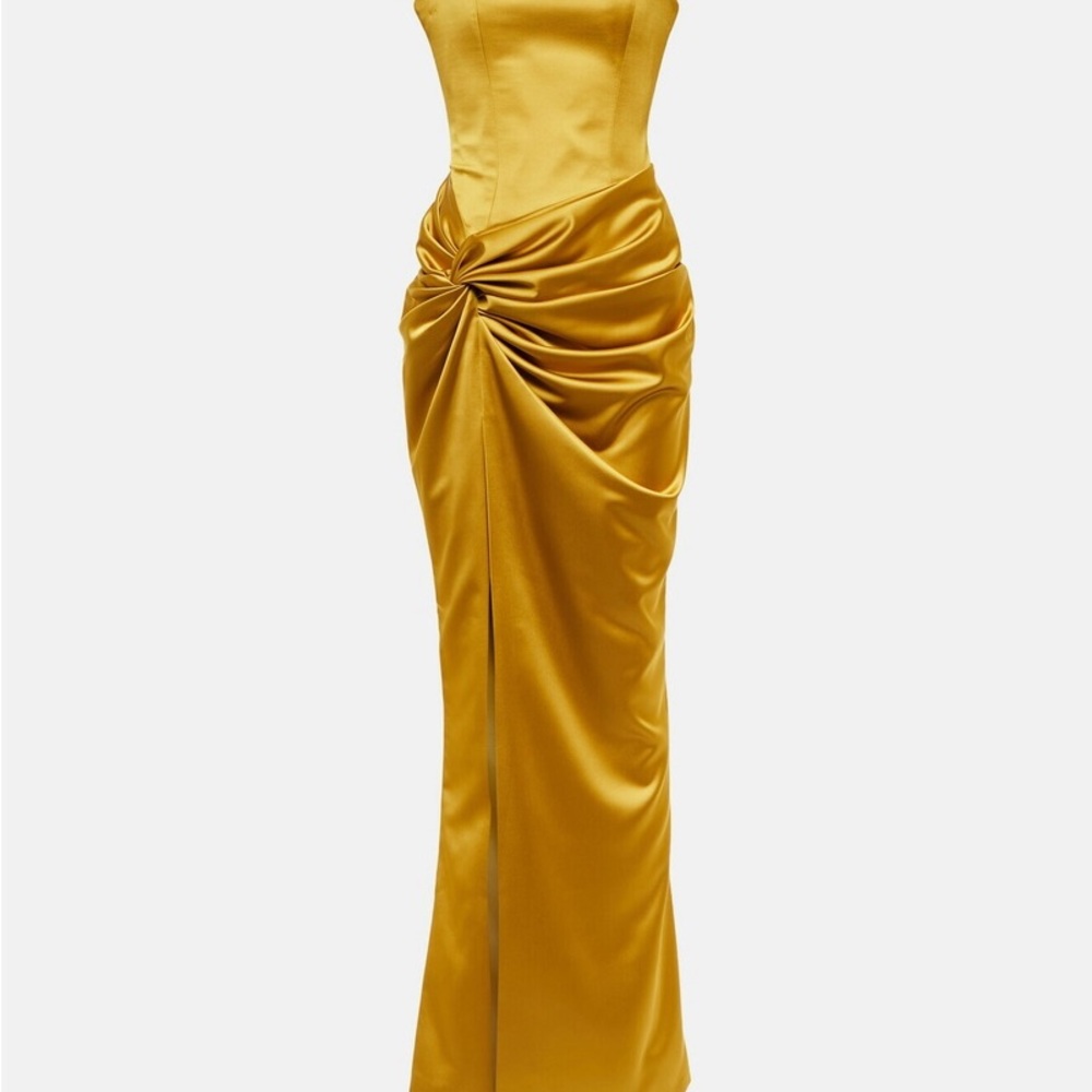 Strapless Gold Satin Draped Evening Dress